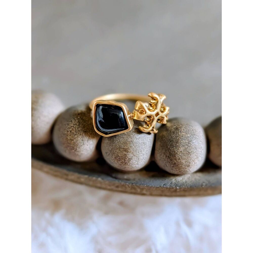 TORY BURCH Roxanne Delicate Ring Black Stone Double T Logo Size 8